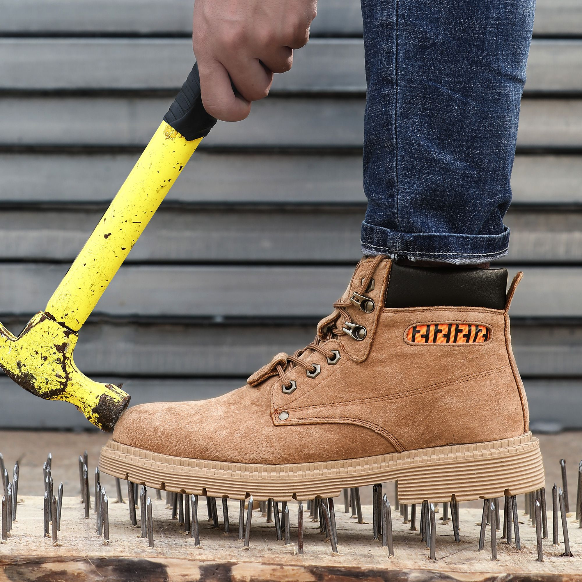 GUYISA New Leather Face Rubber Sole Anti Smashing and Anti Piercing Steel Toe Work Boot