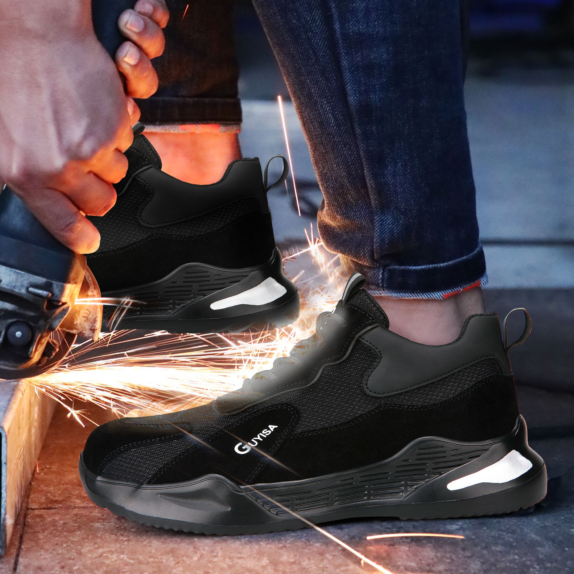 GUYISA Men Black Lightweight Safety Shoes Steel Toe Sneakers Without Laces for Women