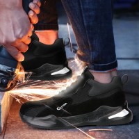 GUYISA Men Black Lightweight Safety Shoes Steel Toe Sneakers Without Laces for Women