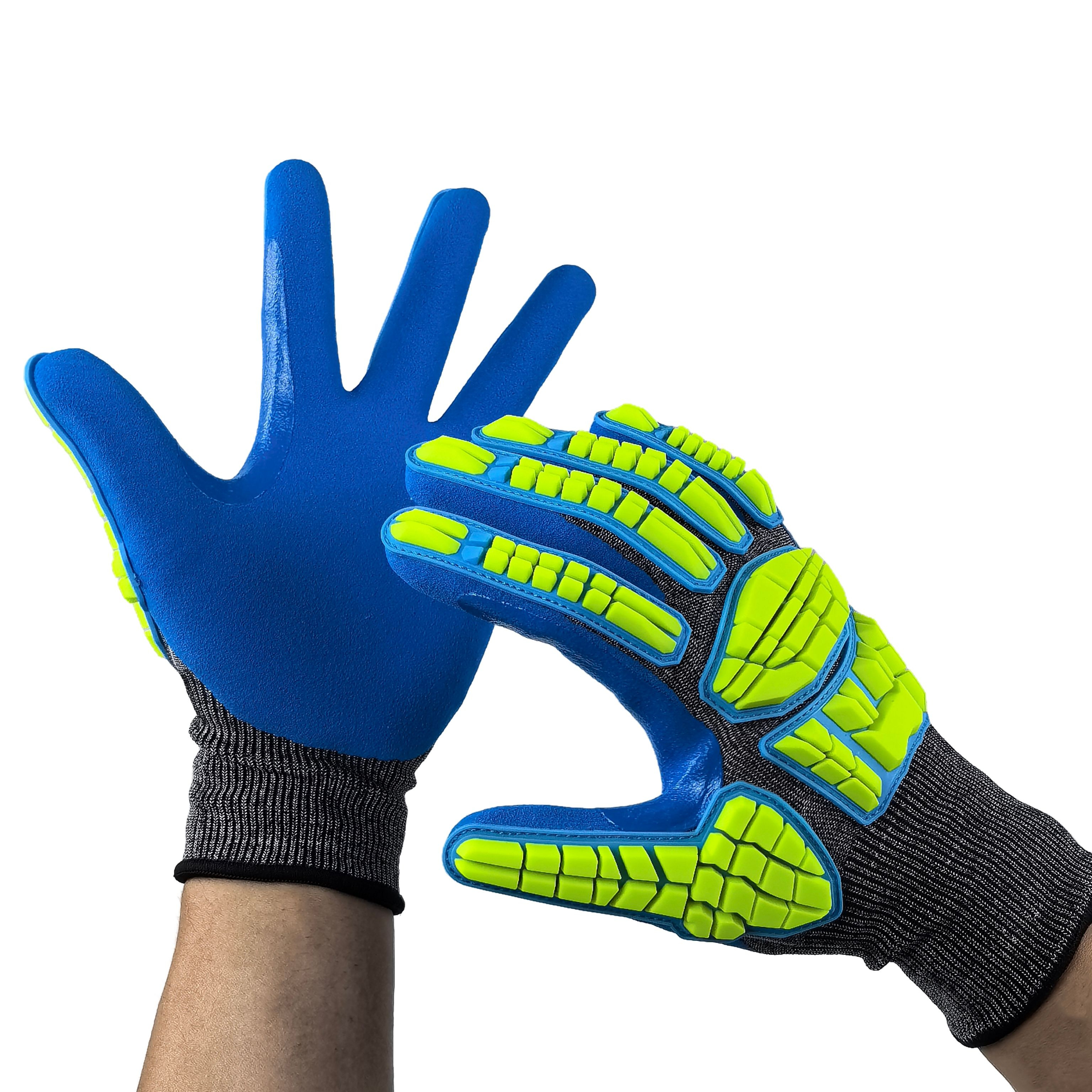 EN388 Level D Sandy Nitrile Gloves 18G with Reinforced Fourchettes & Impact Strips at Finger Joints for Welding & Heavy