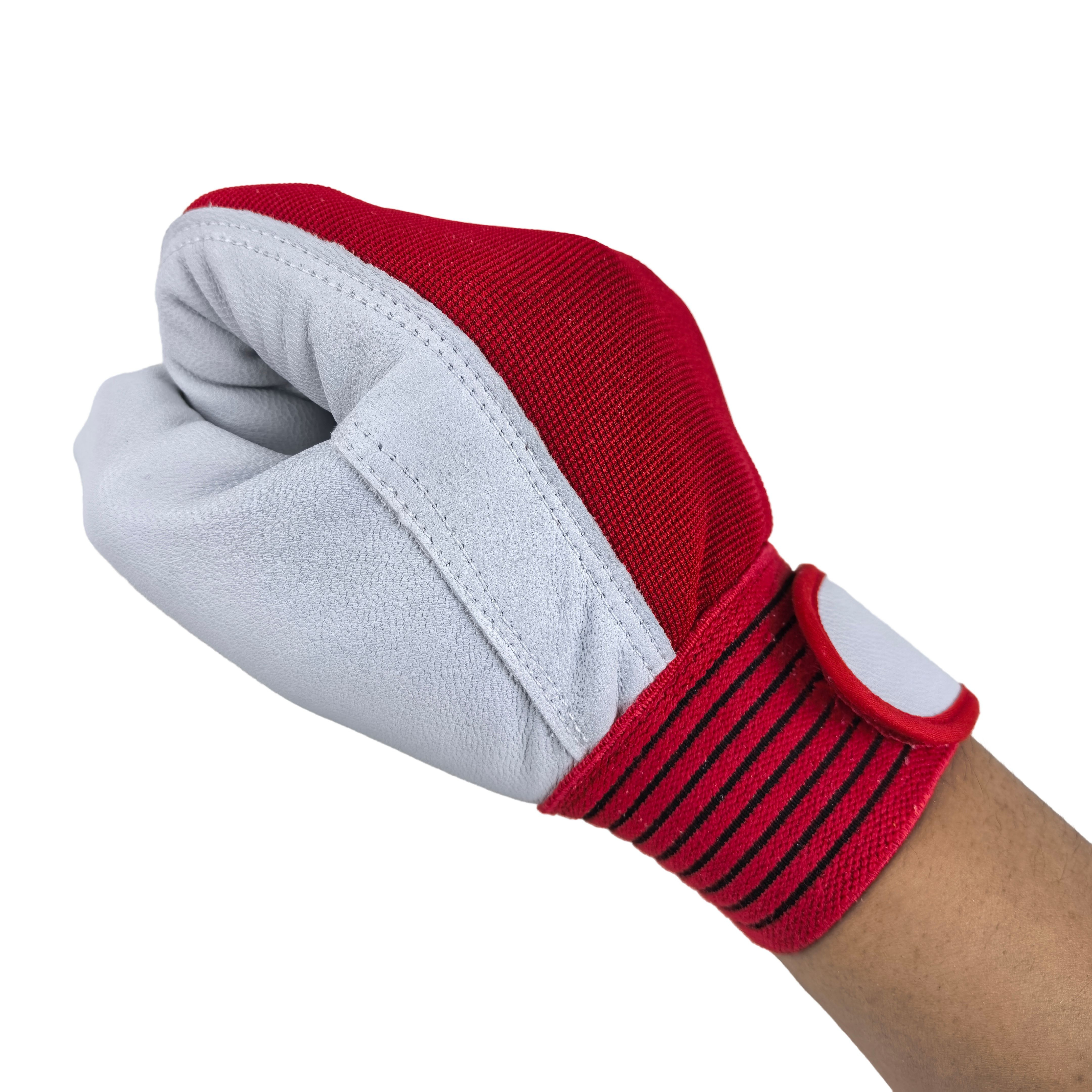 Goatskin Palm Work Gloves Red Poly-Cotton Herringbone Back for Enhanced Grip & Breathability in Workshop Mechanics