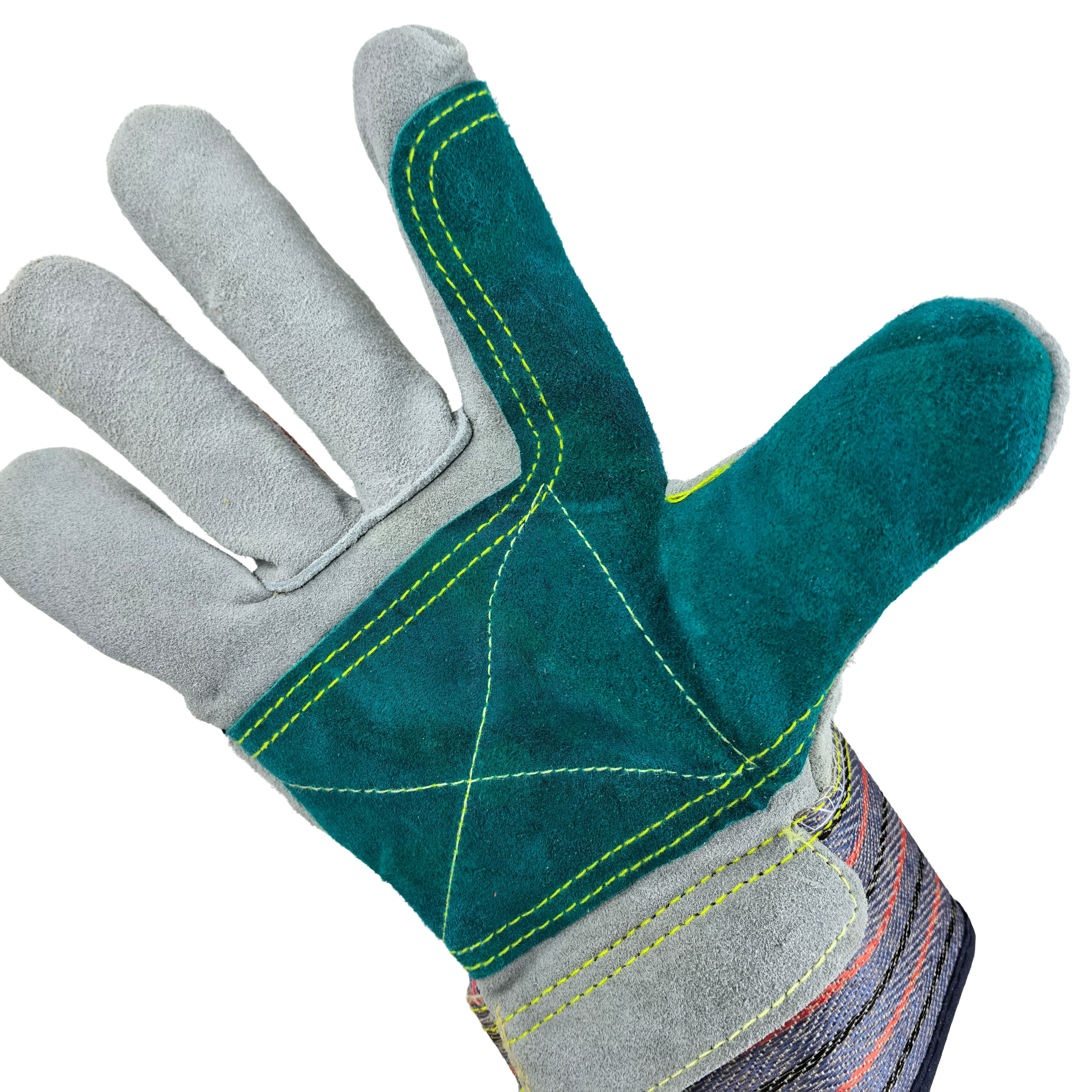 Grade A-B Split Cowhide Gloves with Green Reinforced Palm Patches & Multi-Color Reflective Strips on Back for Construct