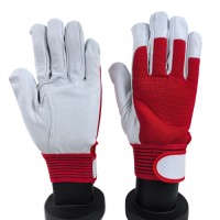 Goatskin Palm Work Gloves Red Poly-Cotton Herringbone Back for Enhanced Grip & Breathability in Workshop Mechanics