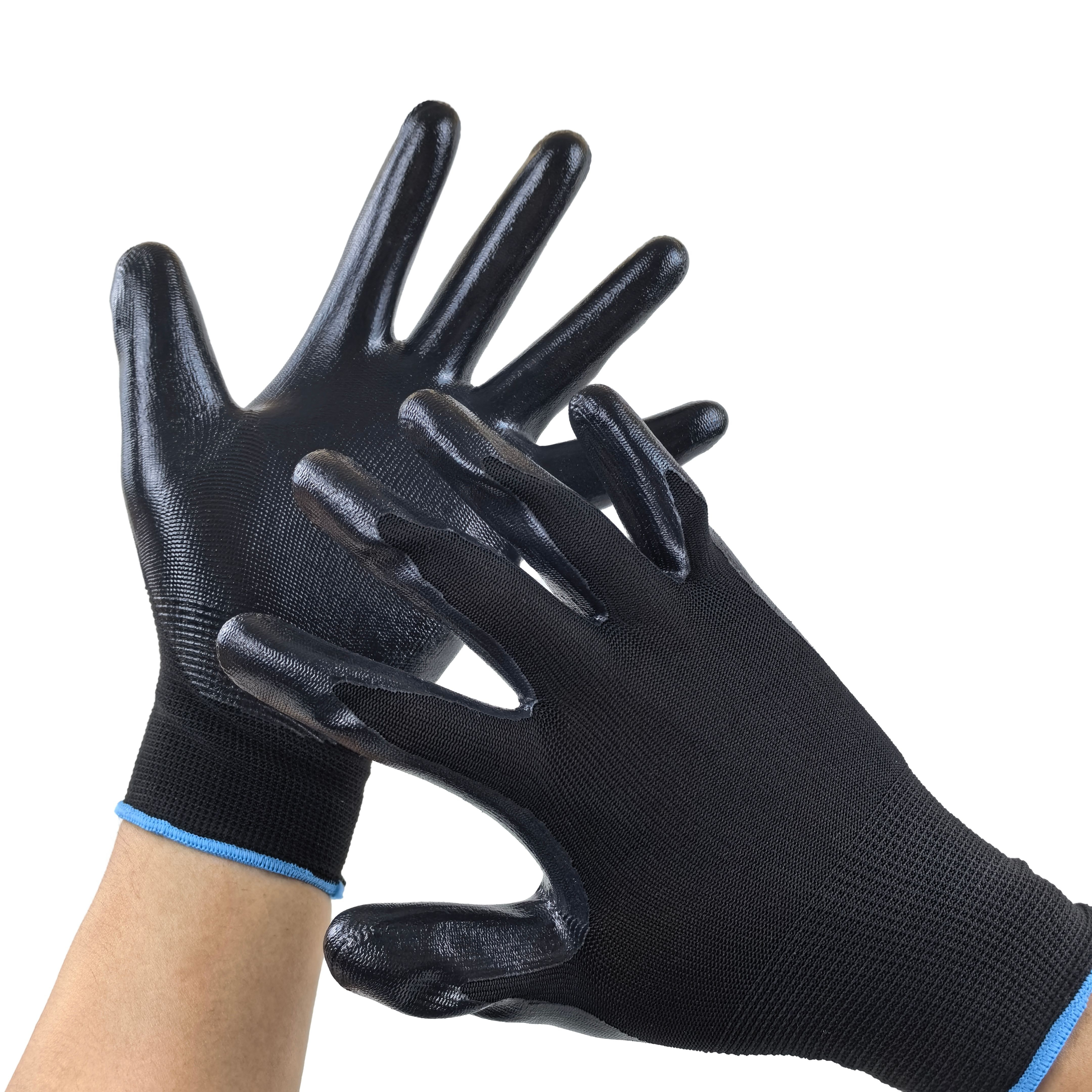 Double Black Palm Dipped Gloves 13G Polyester Nitrile Coated for Industrial Handling & Workshop Safety