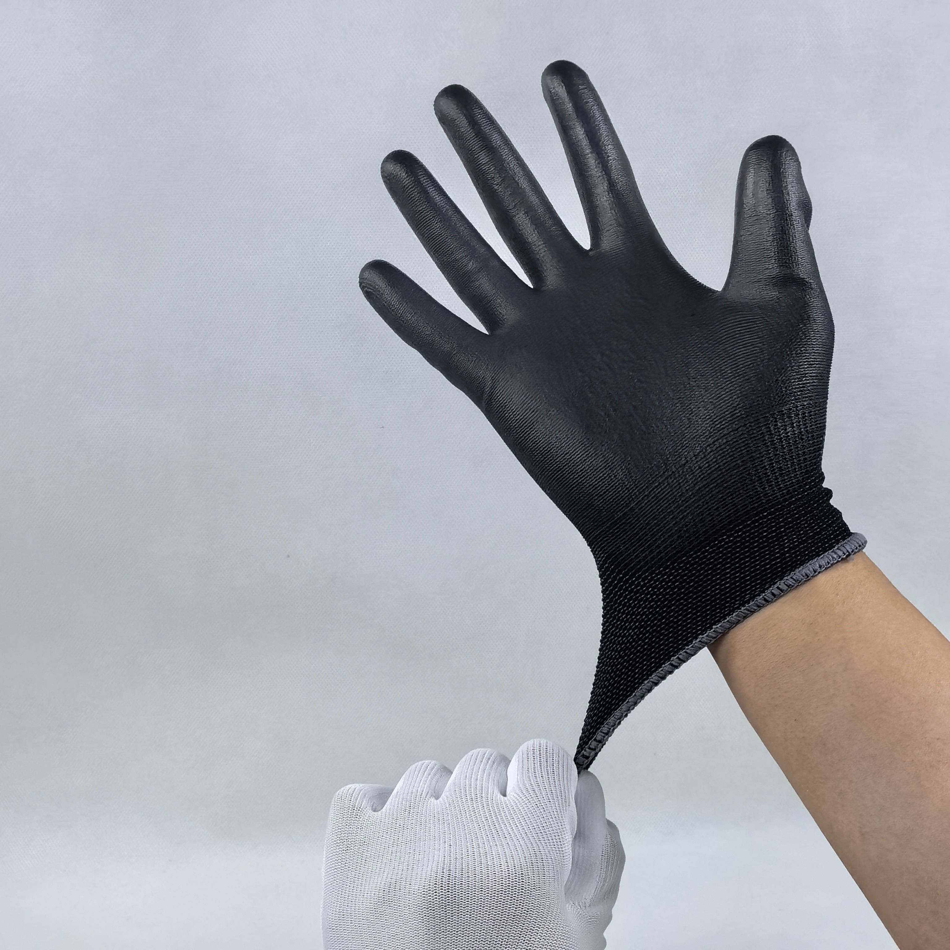 Multi-Color PU Palm Dipped Work Gloves 13G Polyester Base in White, Grey, Black for Enhanced Grip & Material Handling