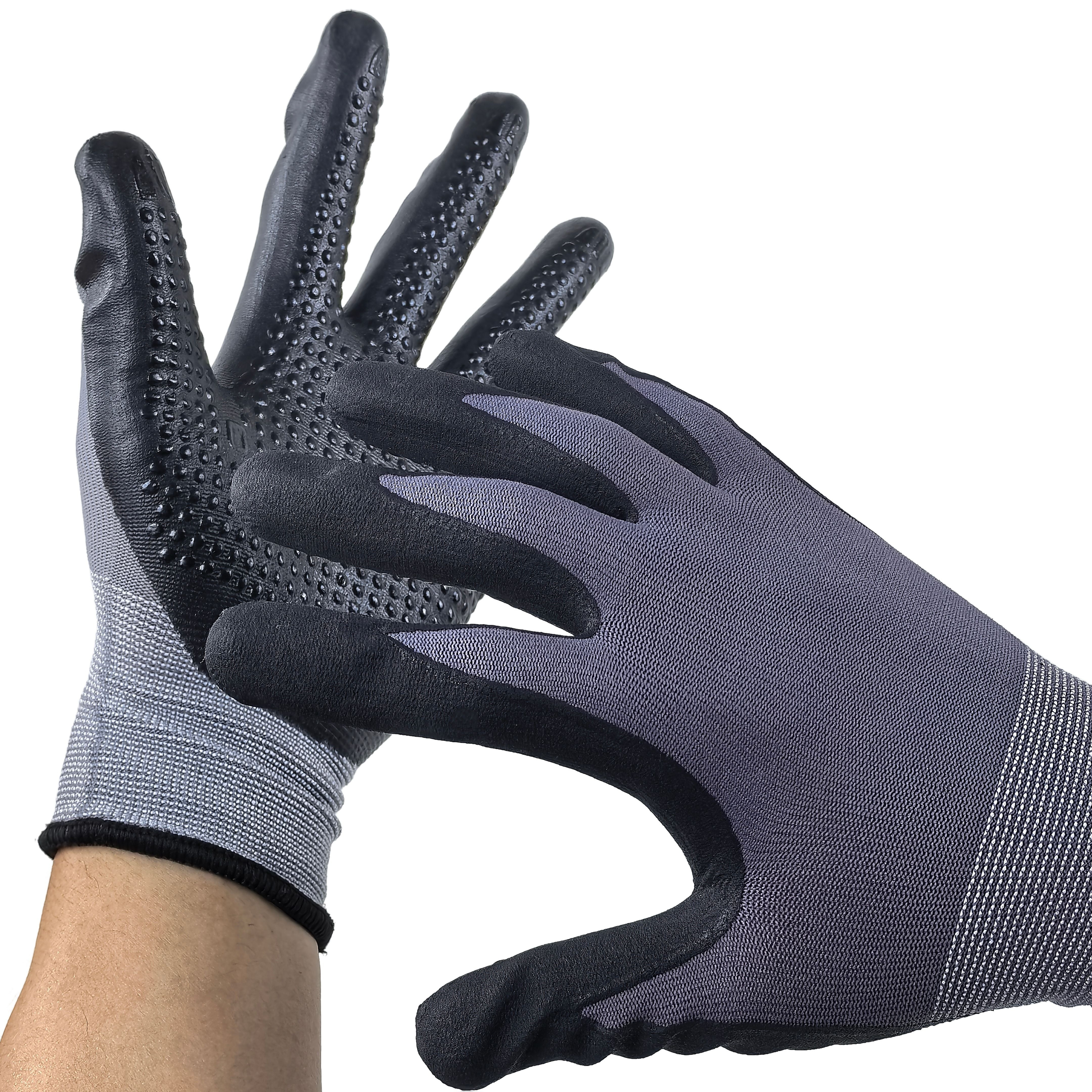 Double-Grip Tech Nitrile Foam & PVC Dotted Gloves 15G Nylon-Spandex Blend for Oil/Slip Resistance in Logistics Handlin