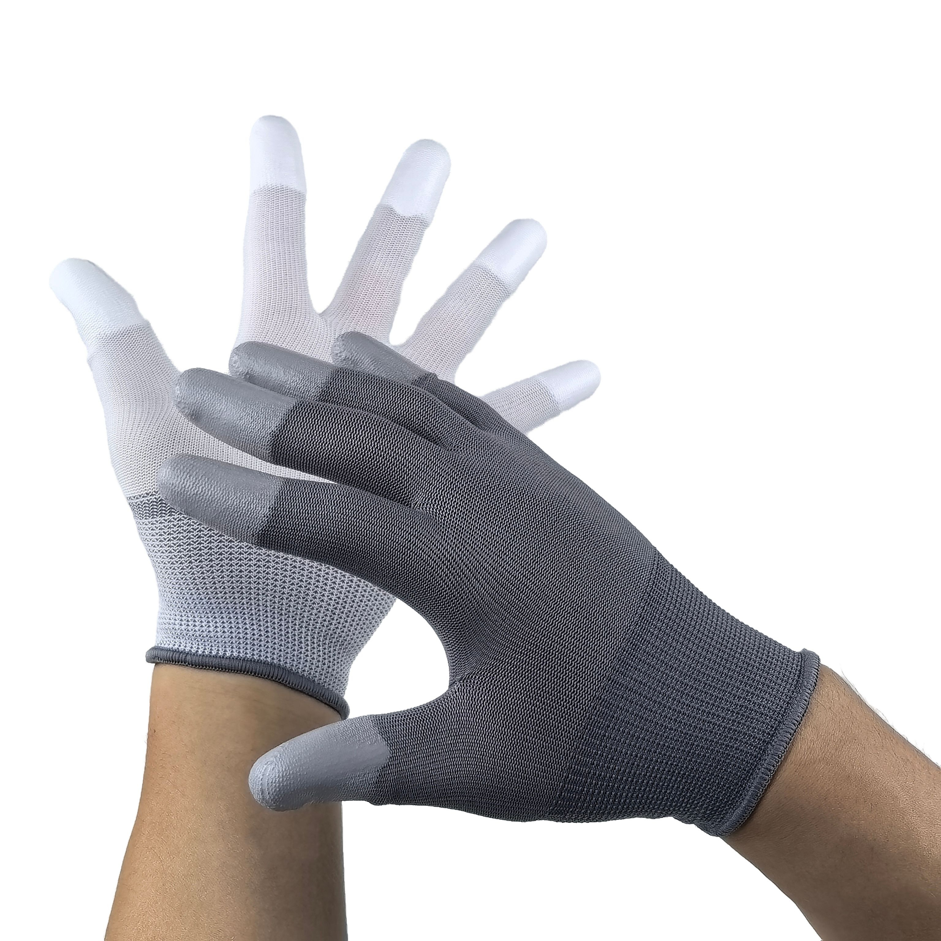 Finger-Tip PU Dipped Gloves 13G Polyester Base in White, Grey, Black for Enhanced Tactile Sensitivity & Precision Assem